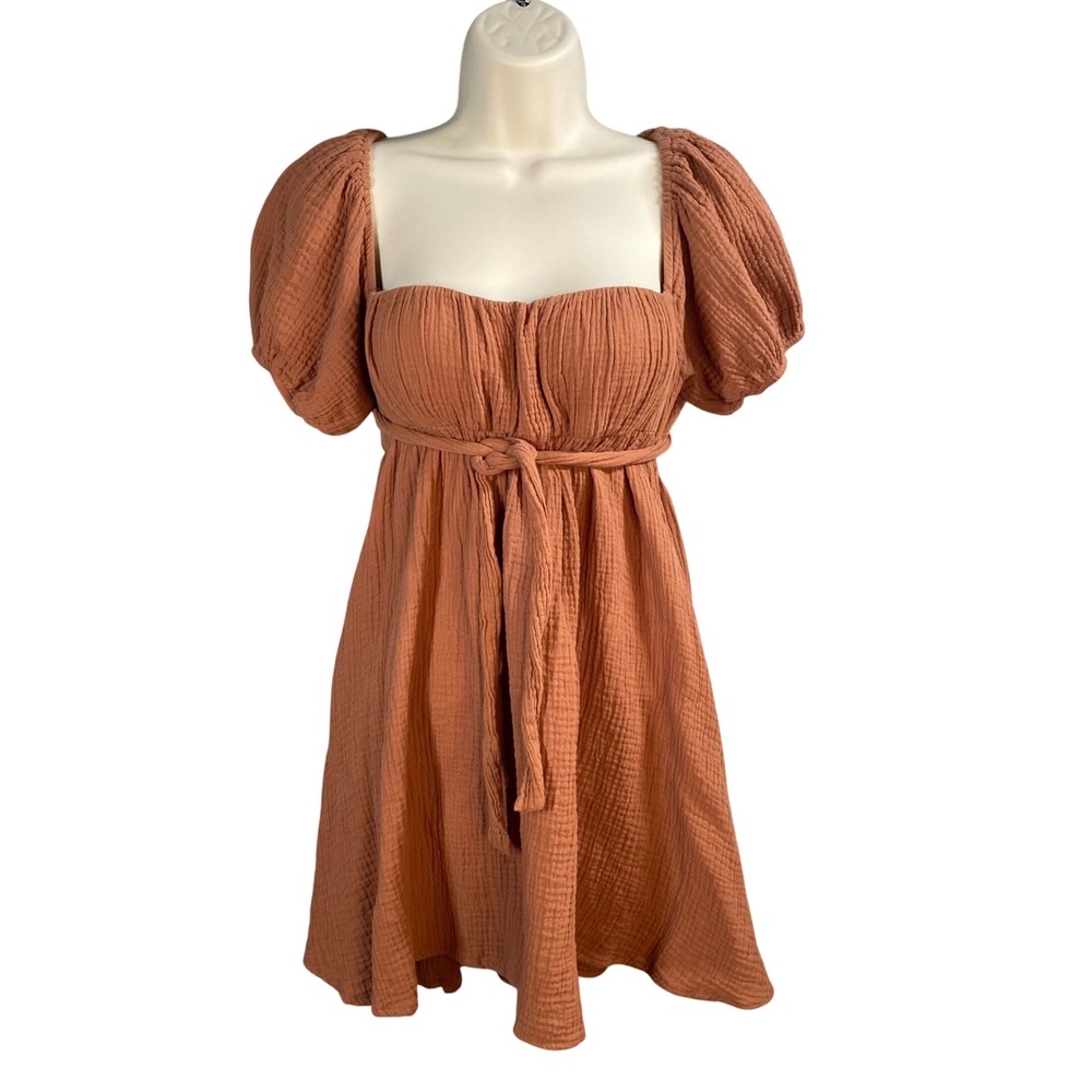 Princess Polly Mini Dress Size 6 Milkmaid Puff Sleeve Gauze Cottage Earthy Boho - Picture 1 of 9